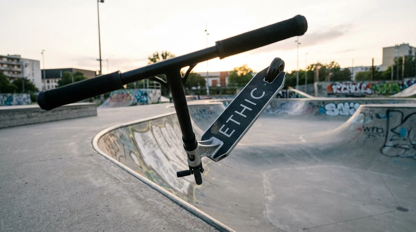 Trottinette freestyle Ethic en action au skatepark